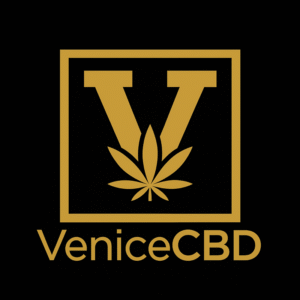 Venice CBD Logo- A gold square with a marijuana leaf superimposed over a bold Letter "V"